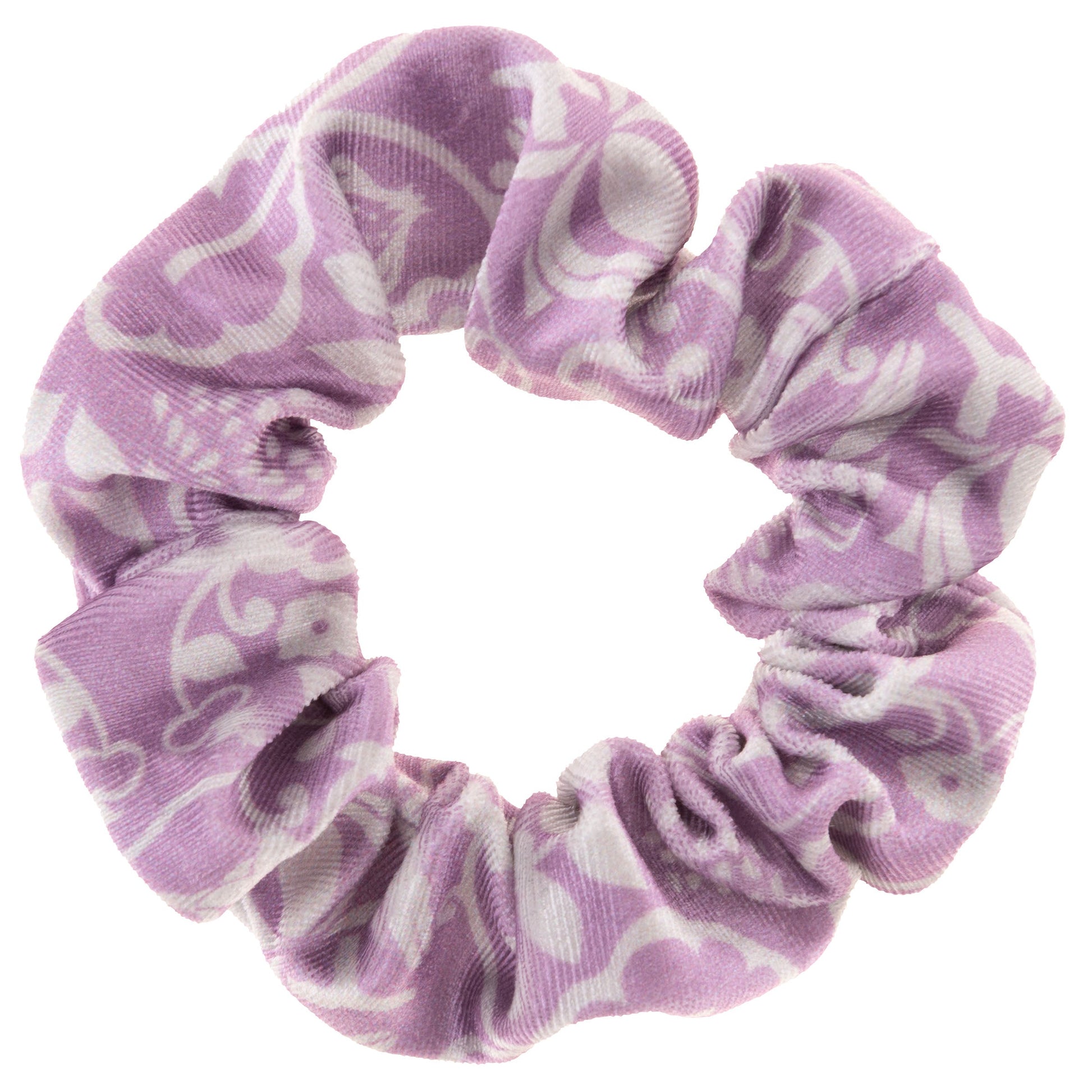 Lilac Velvet Scrunchies, white and purple scrunchie view. 