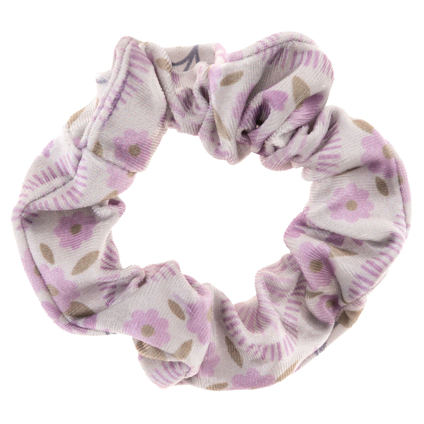 Lilac Velvet Scrunchies, white and purple floral scrunchie view. 