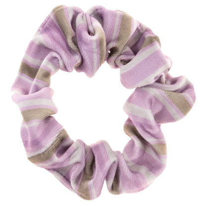 Lilac Velvet Scrunchies, white and purple striped scrunchie view. 