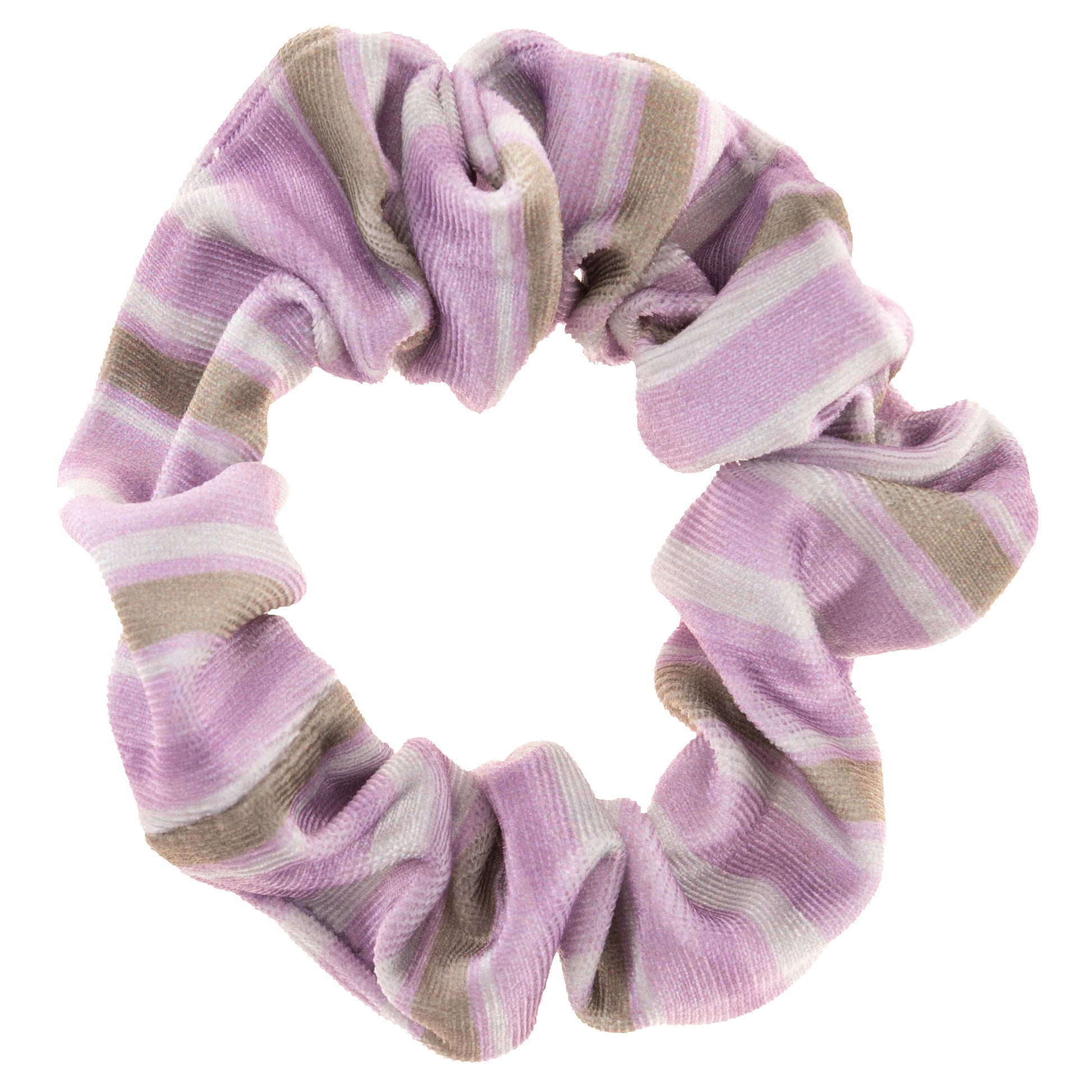 Lilac Velvet Scrunchies, white and purple striped scrunchie view. 