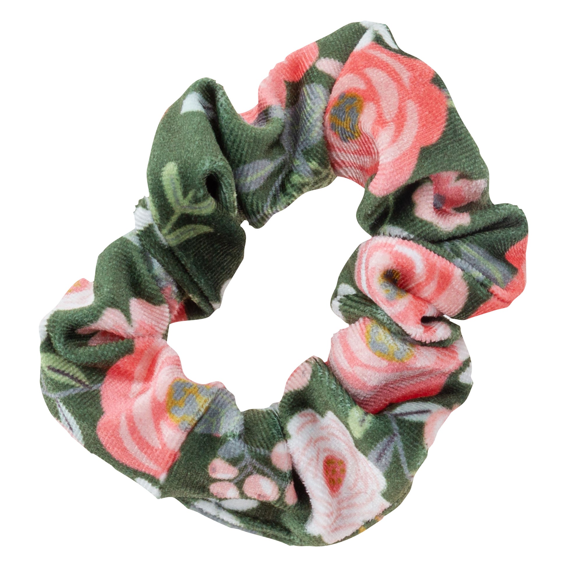 Camo Velvet Scrunchies pink and green floral scrunchie view. 