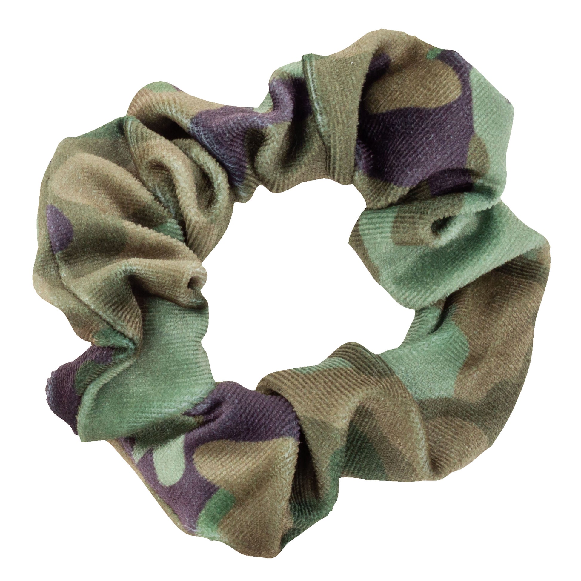 Camo Velvet Scrunchies green camo scrunchie view. 