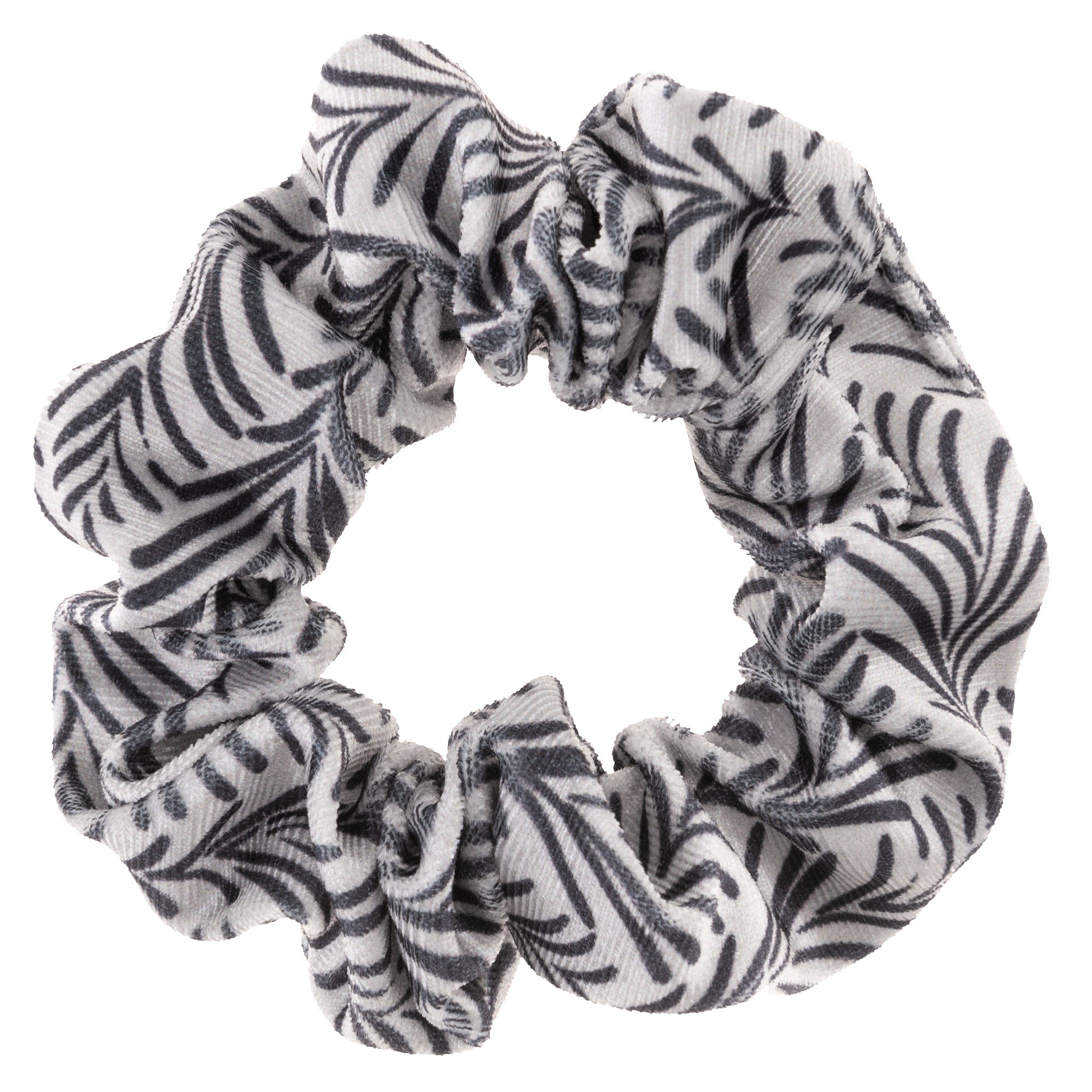Ink Floral Velvet Scrunchies black and white lined scrunchie view. 