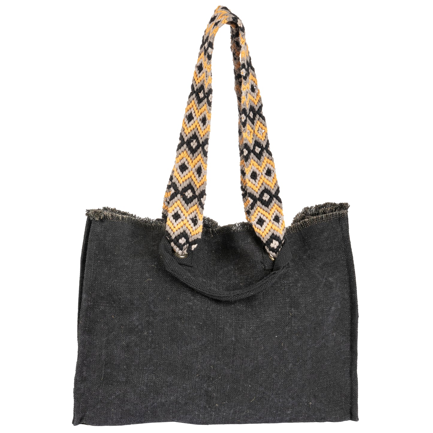 Black Oversized Tote With Hand Woven Straps front view. 