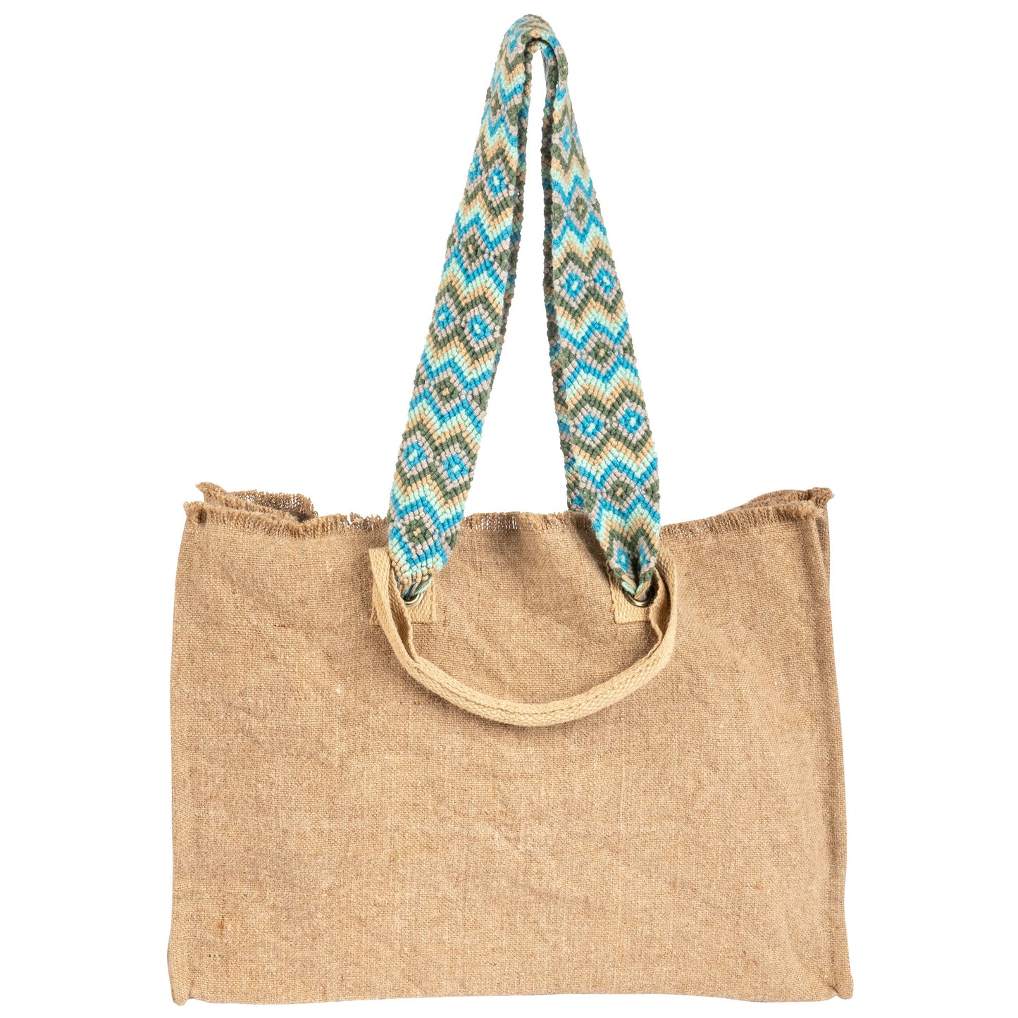 Natural Oversized Tote With Hand Woven Straps front view. 