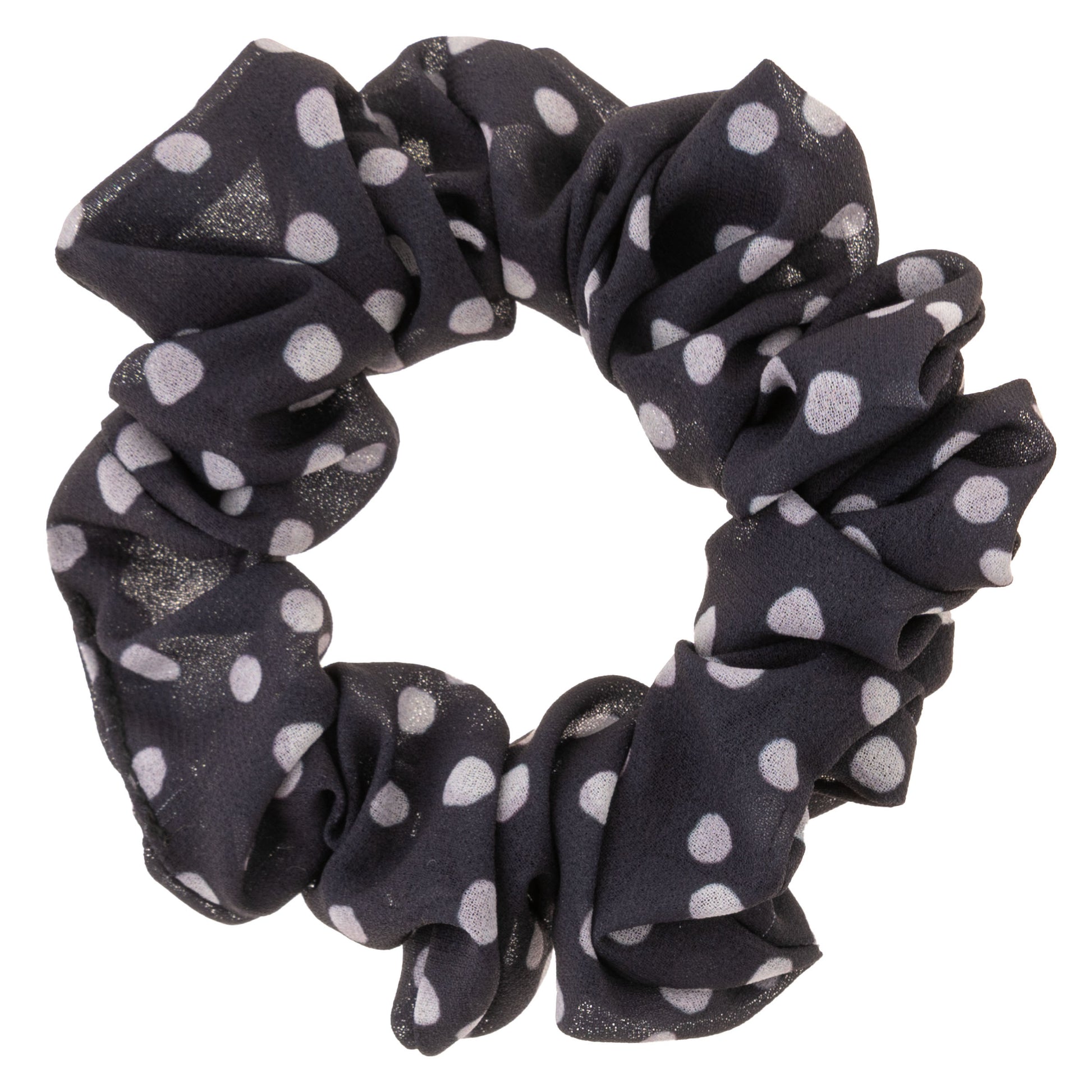 Gray Chiffon Scrunchies black and white dotted scrunchie view. 