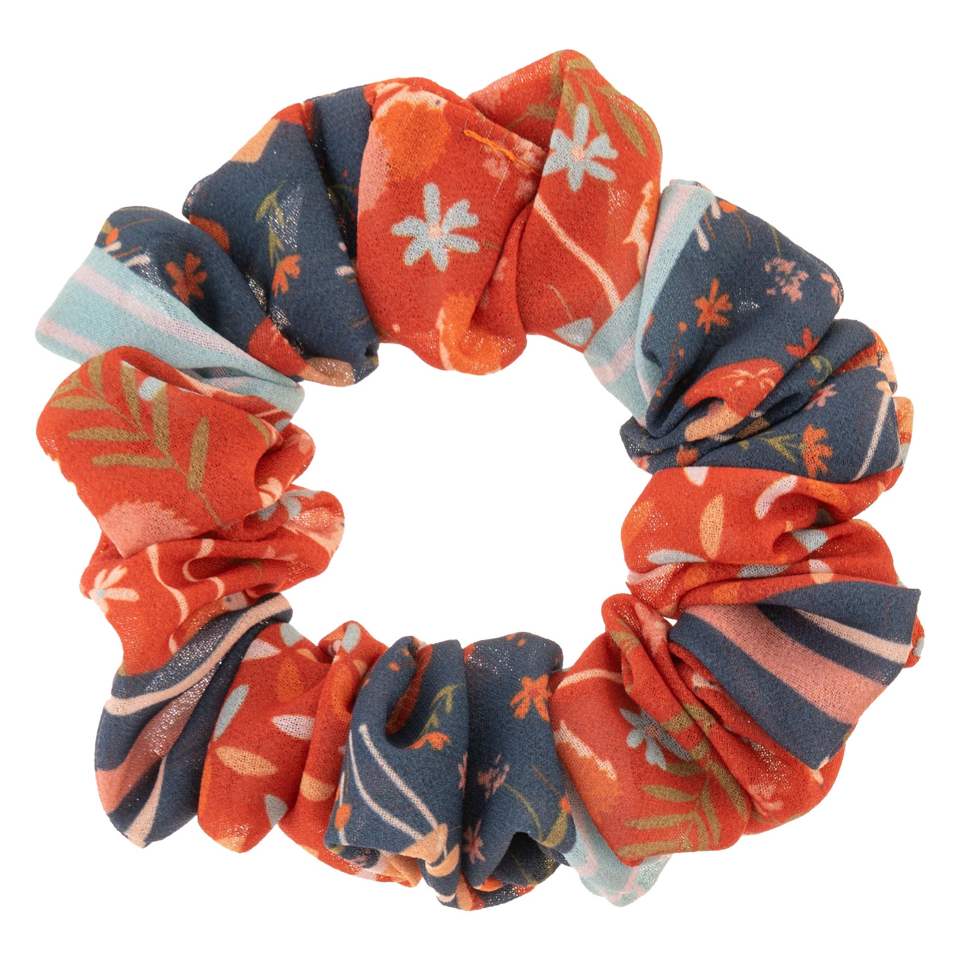 Mushroom Chiffon Scrunchies orange and blue floral scrunchie view. 