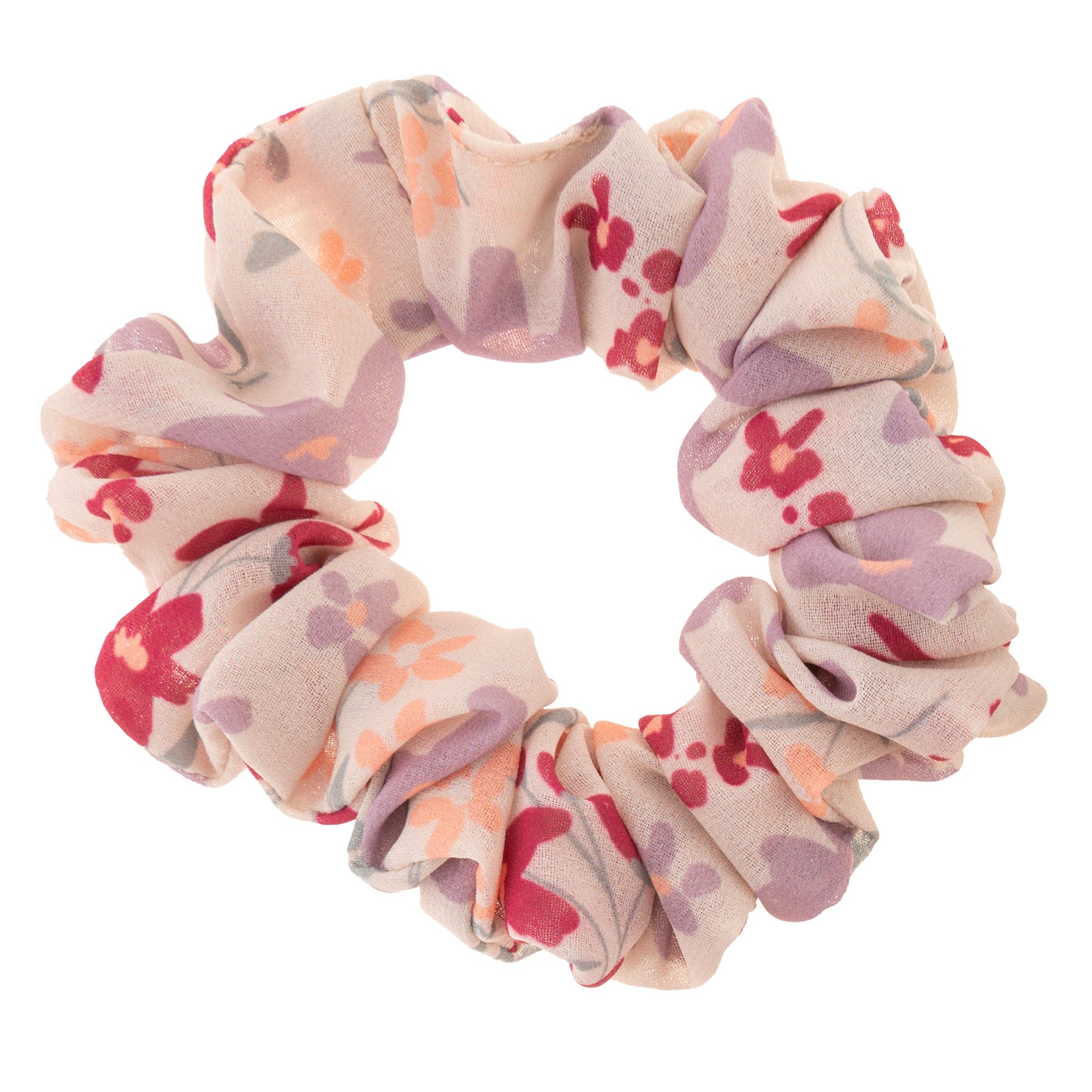 Magenta Chiffon Scrunchies white and pink floral scrunchie view. 