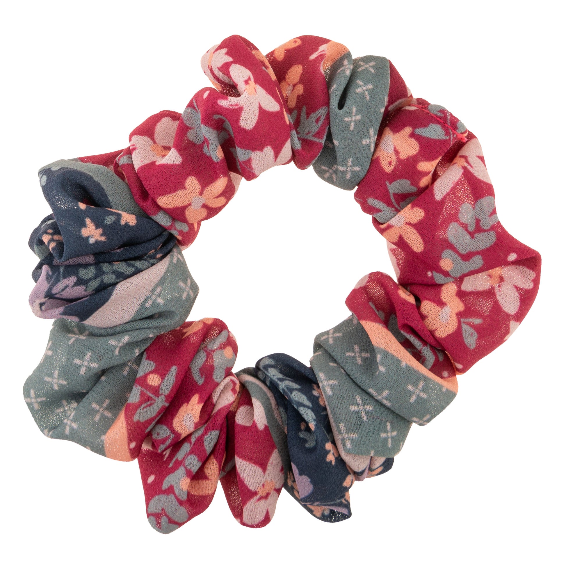 Magenta Chiffon Scrunchies pink and blue floral scrunchie view. 