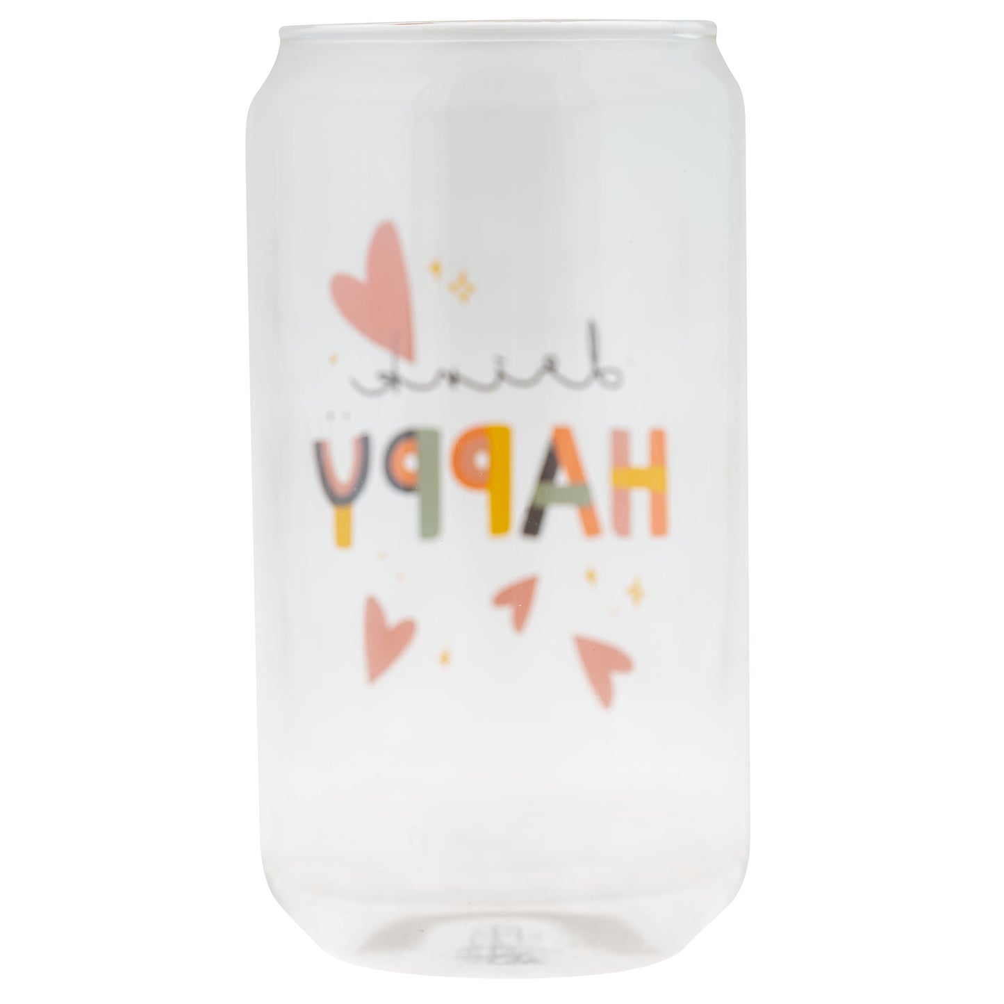 Drink Happy Beer Can Glass back view. 