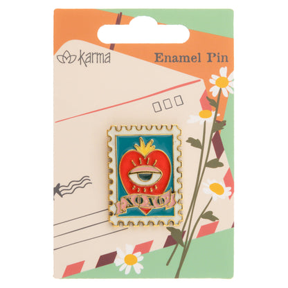 Stamp enamel pin packaging view. 