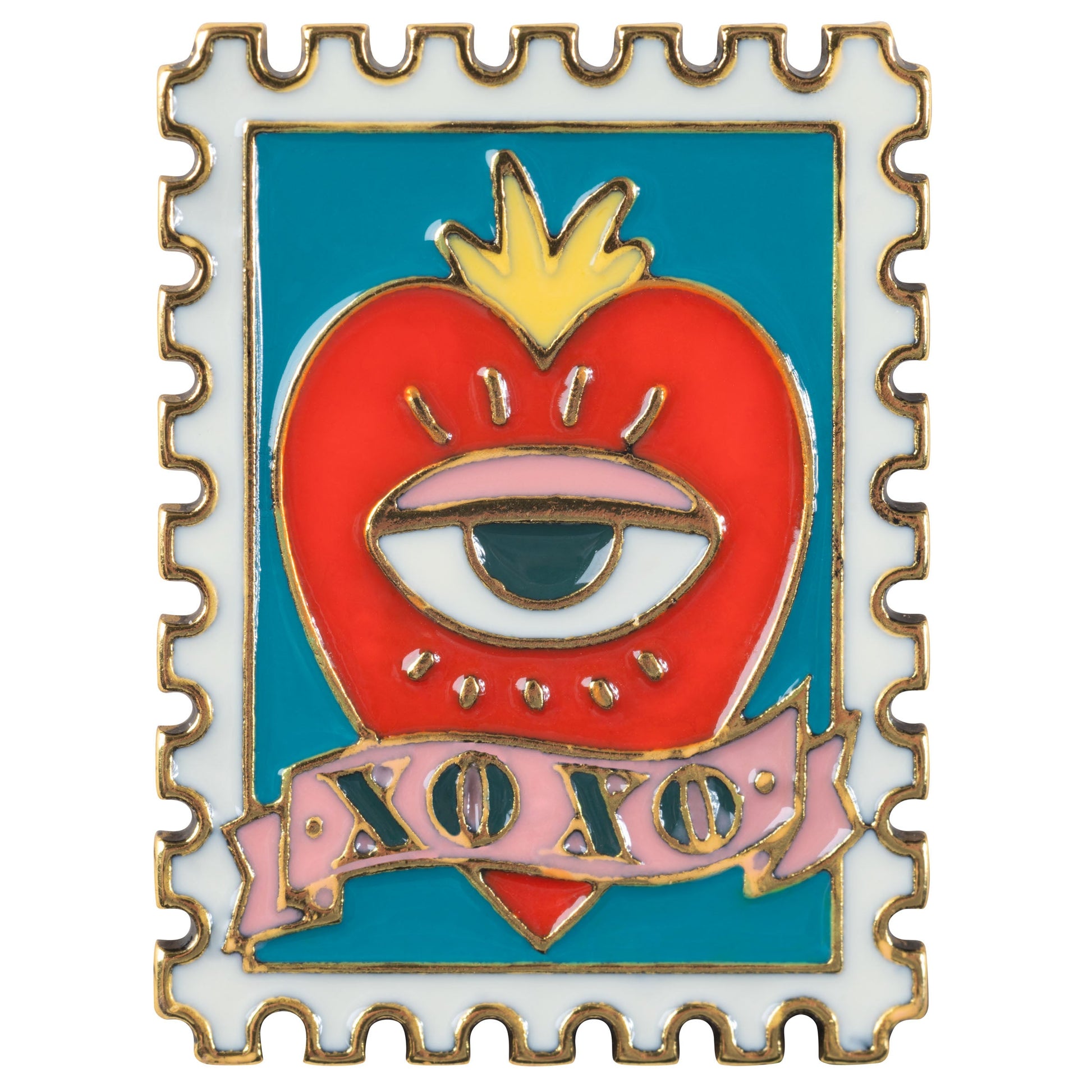 Stamp enamel pin front view. 