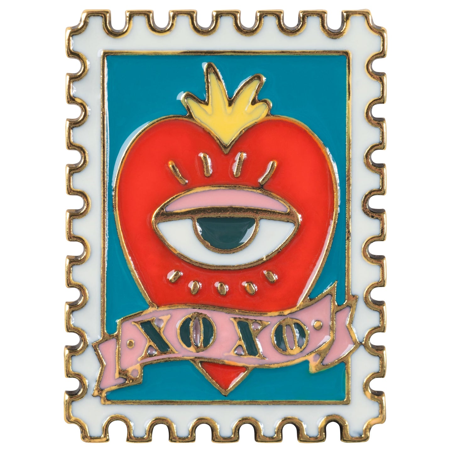 Stamp enamel pin front view. 