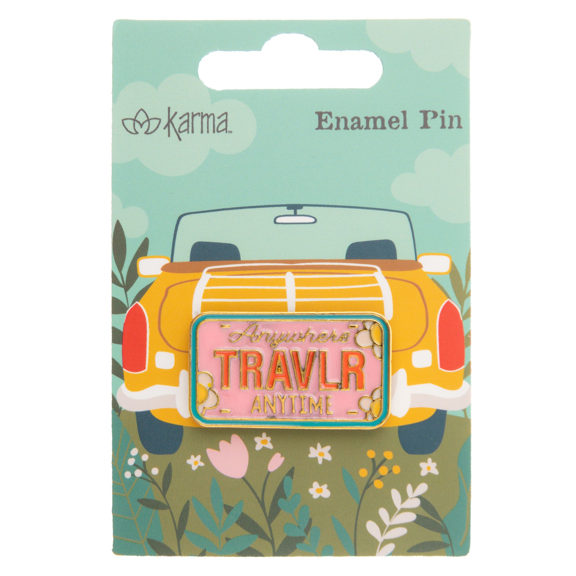 License plate enamel pin packaging view. 