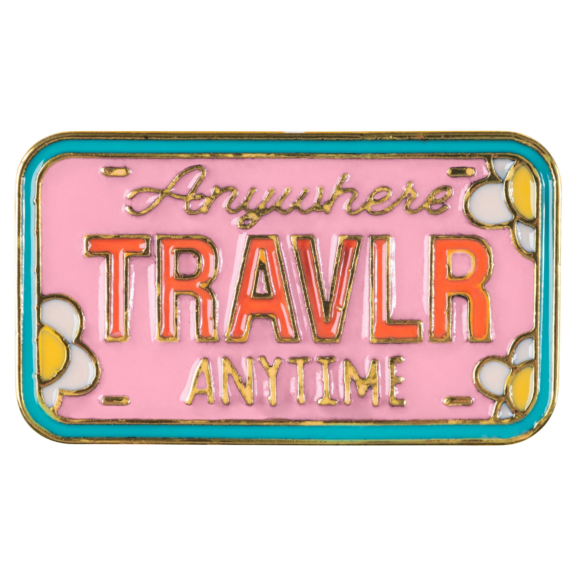 License plate enamel pin front view. 