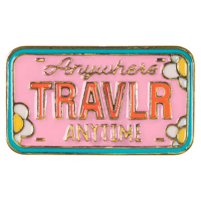 License plate enamel pin front view. 