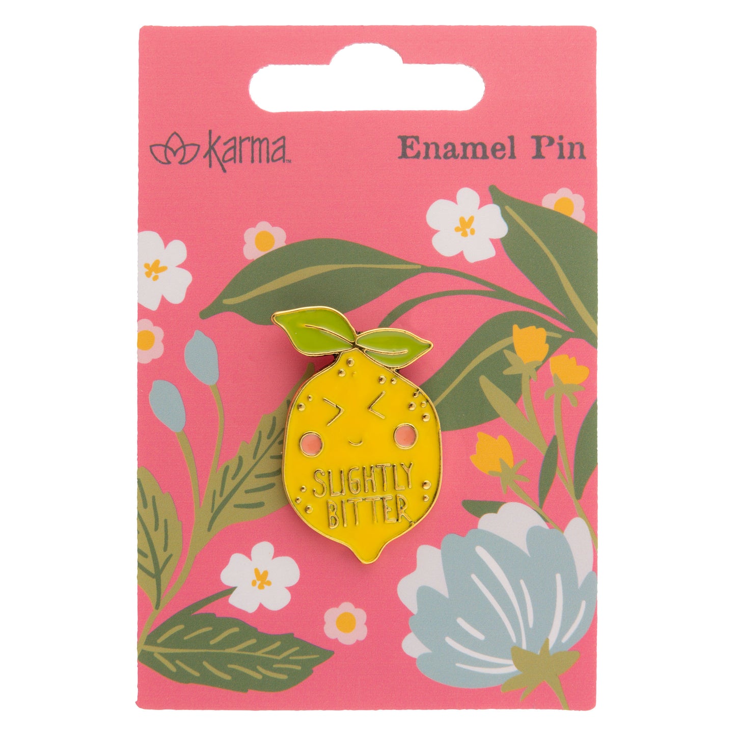 Lemon enamel pin packaging view. 