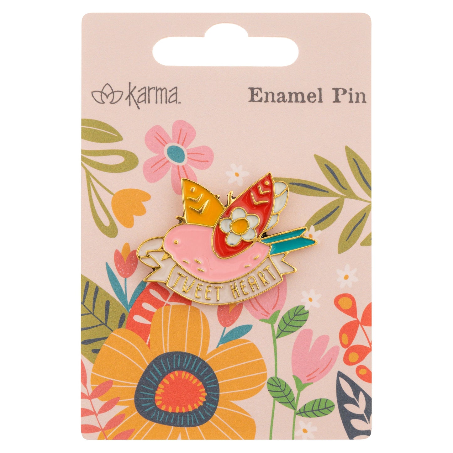 Bird enamel pin packaging view. 