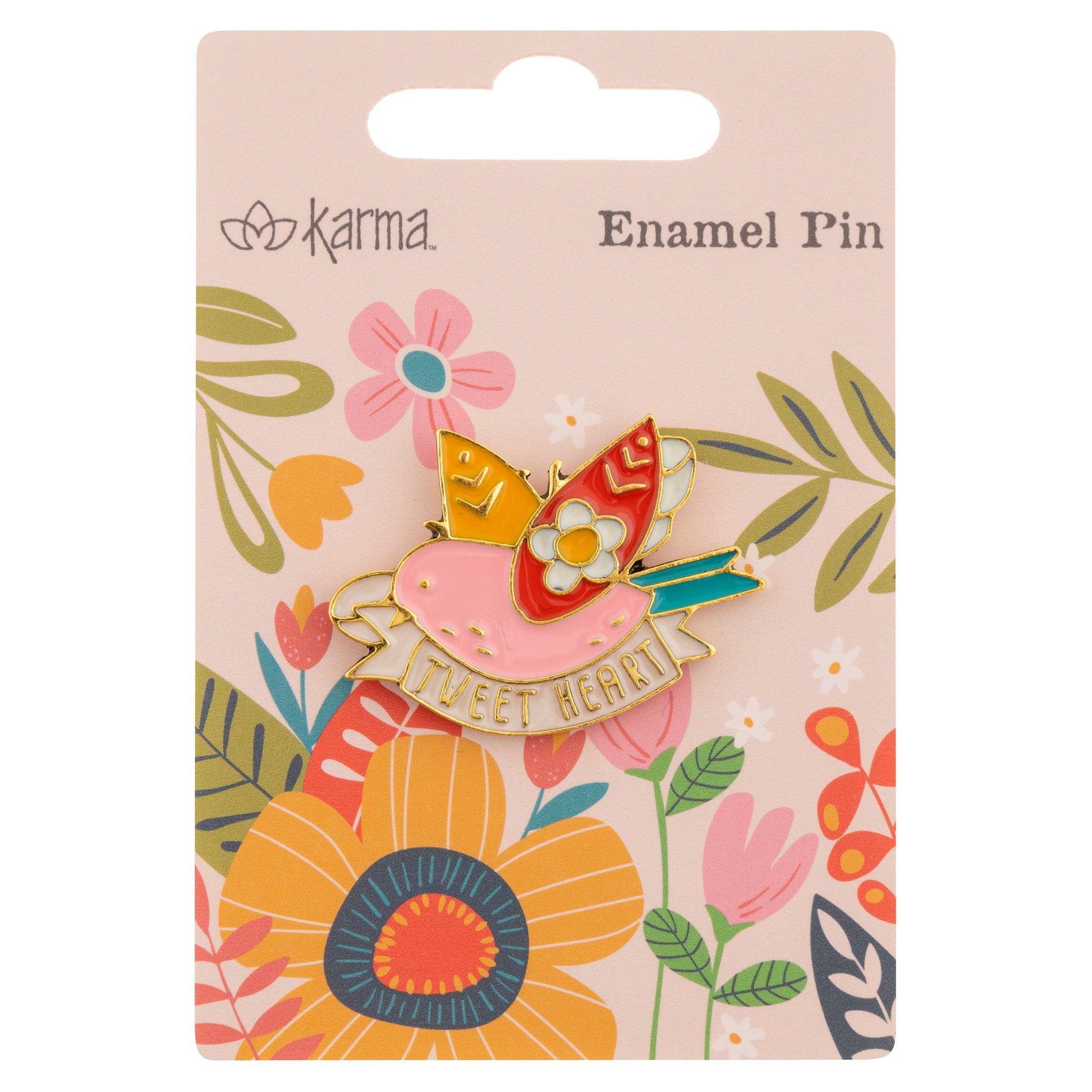 Bird enamel pin packaging view. 
