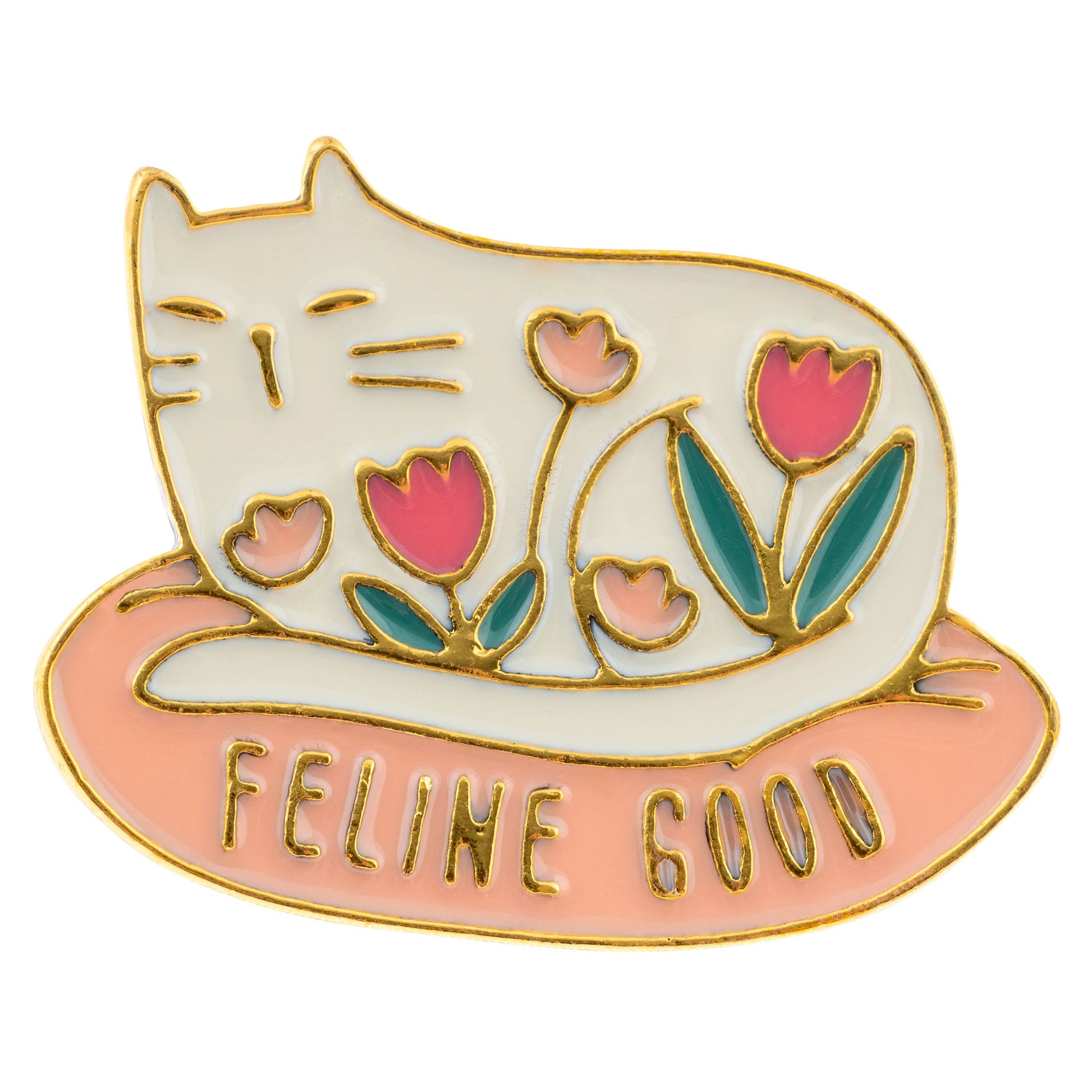Cat enamel pin front view. 