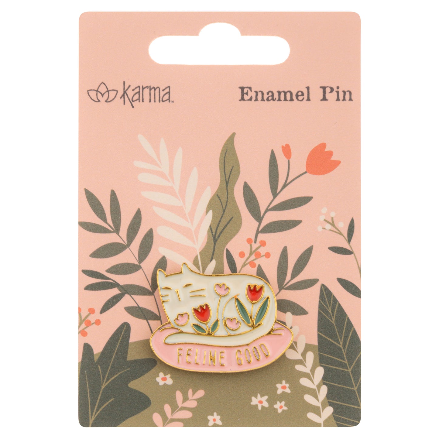 Cat enamel pin packaging view.