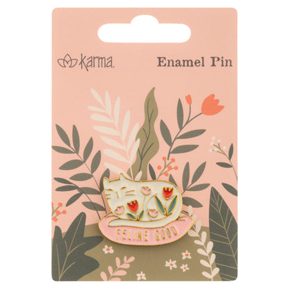 Cat enamel pin packaging view.