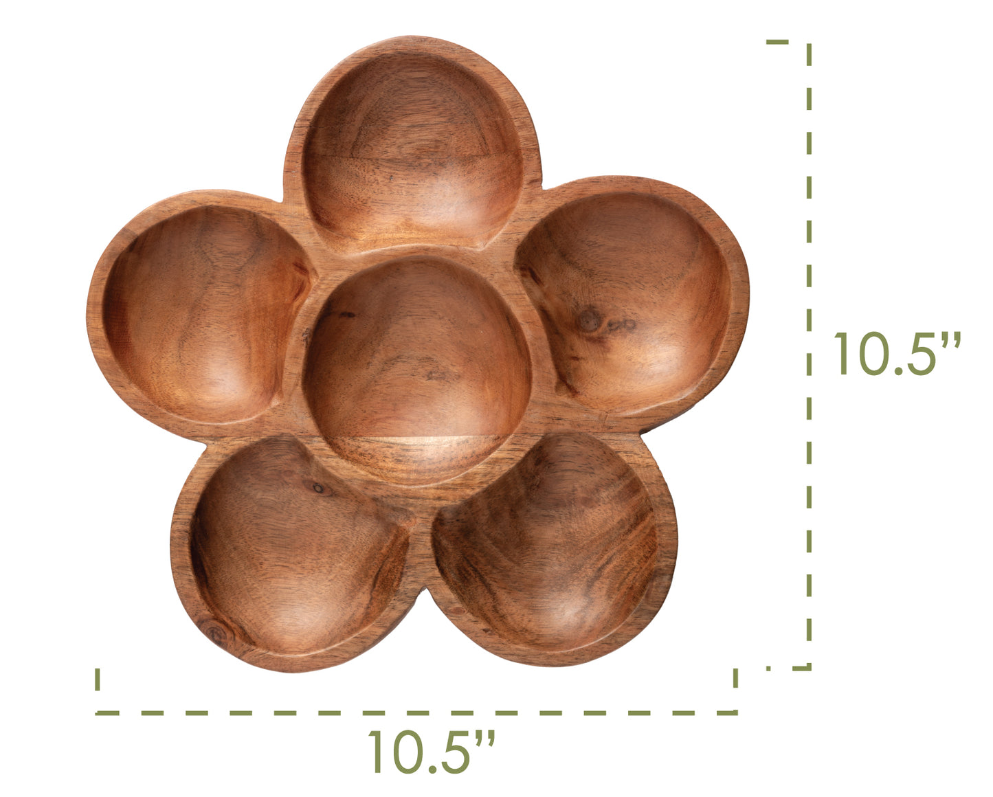 Flower Wood Shaped Serving Bowl infographic with dimensions. 