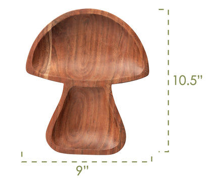 Mushroom Wood Shaped Serving Bowl infographic showing dimensions. 
