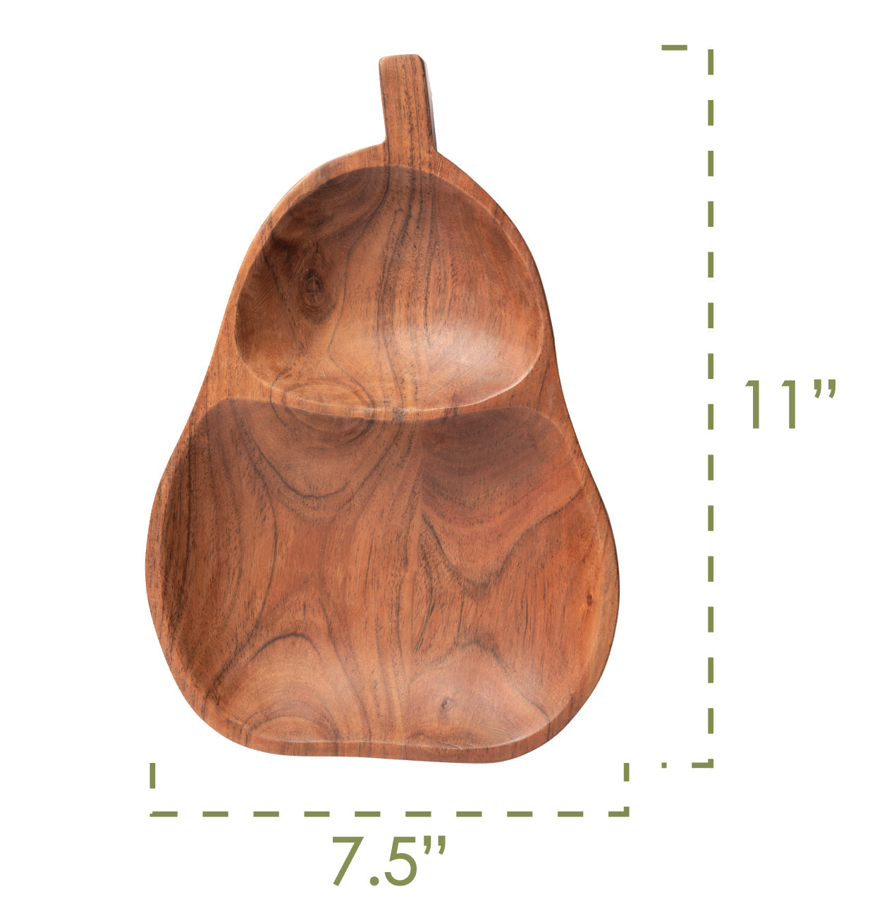 Pear Wood Shaped Serving Bowl infographic showing dimensions. 