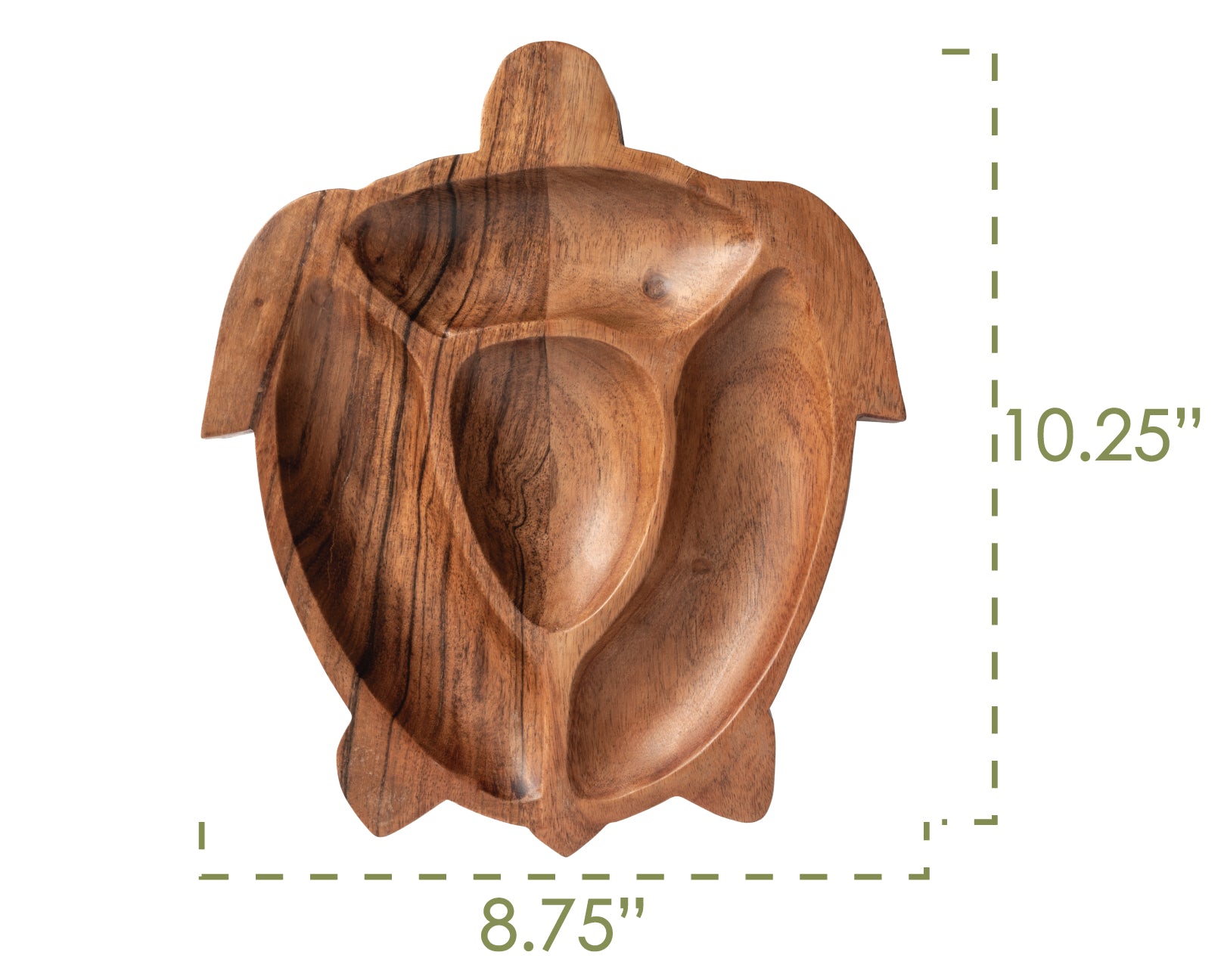 Turtle Wood Shaped Serving Bowl infographic showing dimensions. 