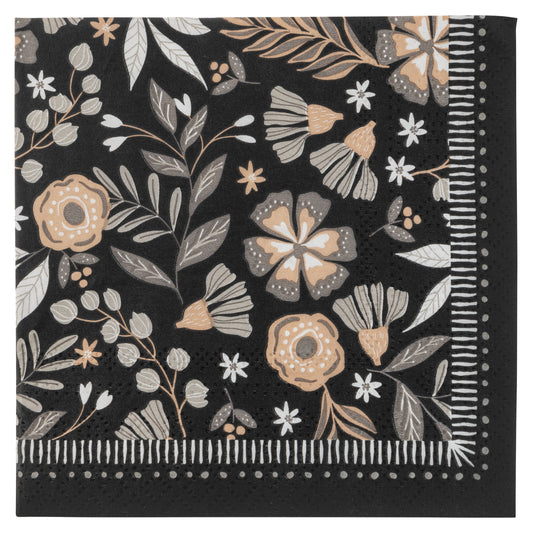 Charcoal Floral Cocktail Paper Napkins individual view. 
