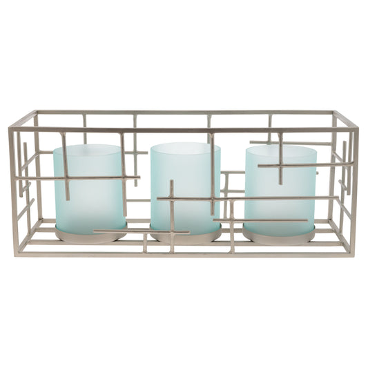 Lagoon Hatched Metal Lantern w/ Frosted Glass