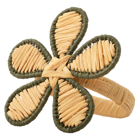 Green Raffia Floral Napkin Ring front view. 
