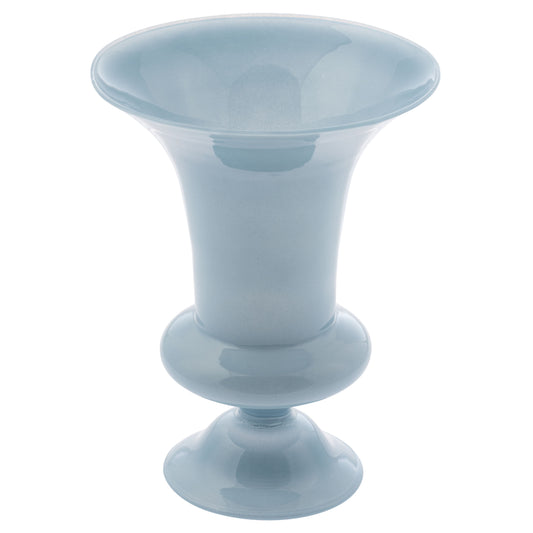 Tulip blue glass vase front view. 