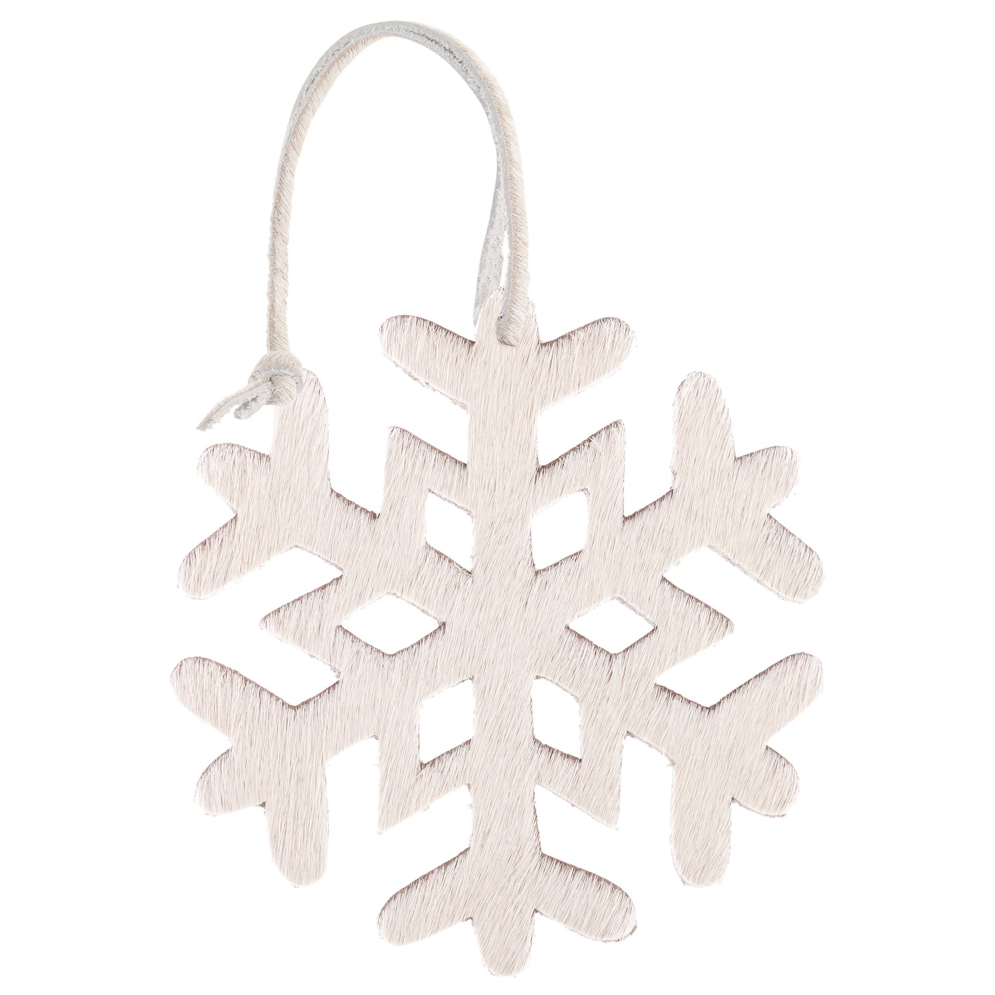 White Cowhide Leather Snowflake Ornaments view with string. 