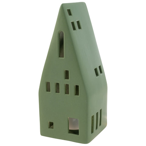 Medium ceramic house with LED light forest green