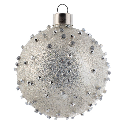 Metallic Beaded Glitter Glass Ornament Silver