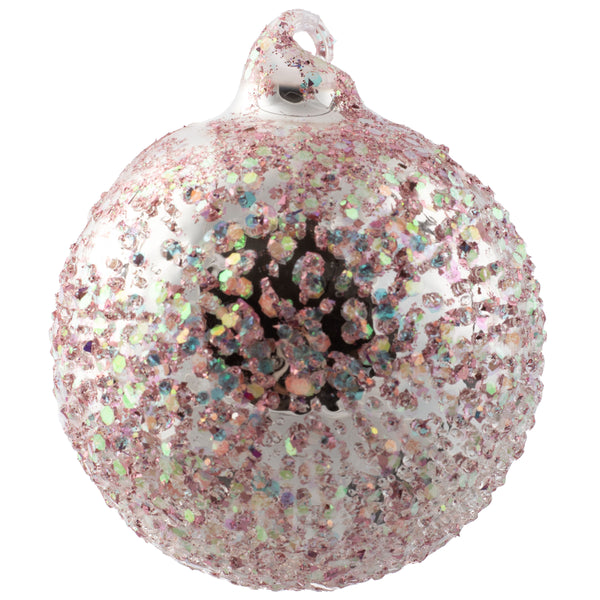 Ball icy confetti glass ornament pink