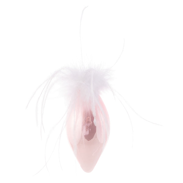 Teardrop shiny feather top pink glass ornament