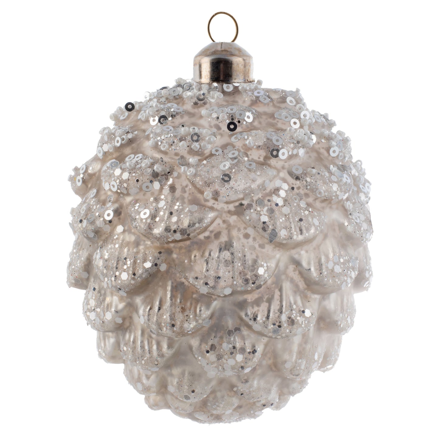 Small Glittered Glass Pinecone White Ornament