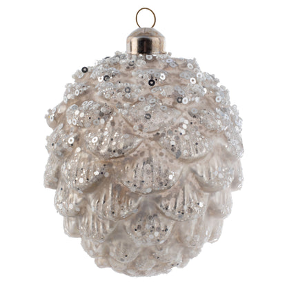 Small Glittered Glass Pinecone White Ornament