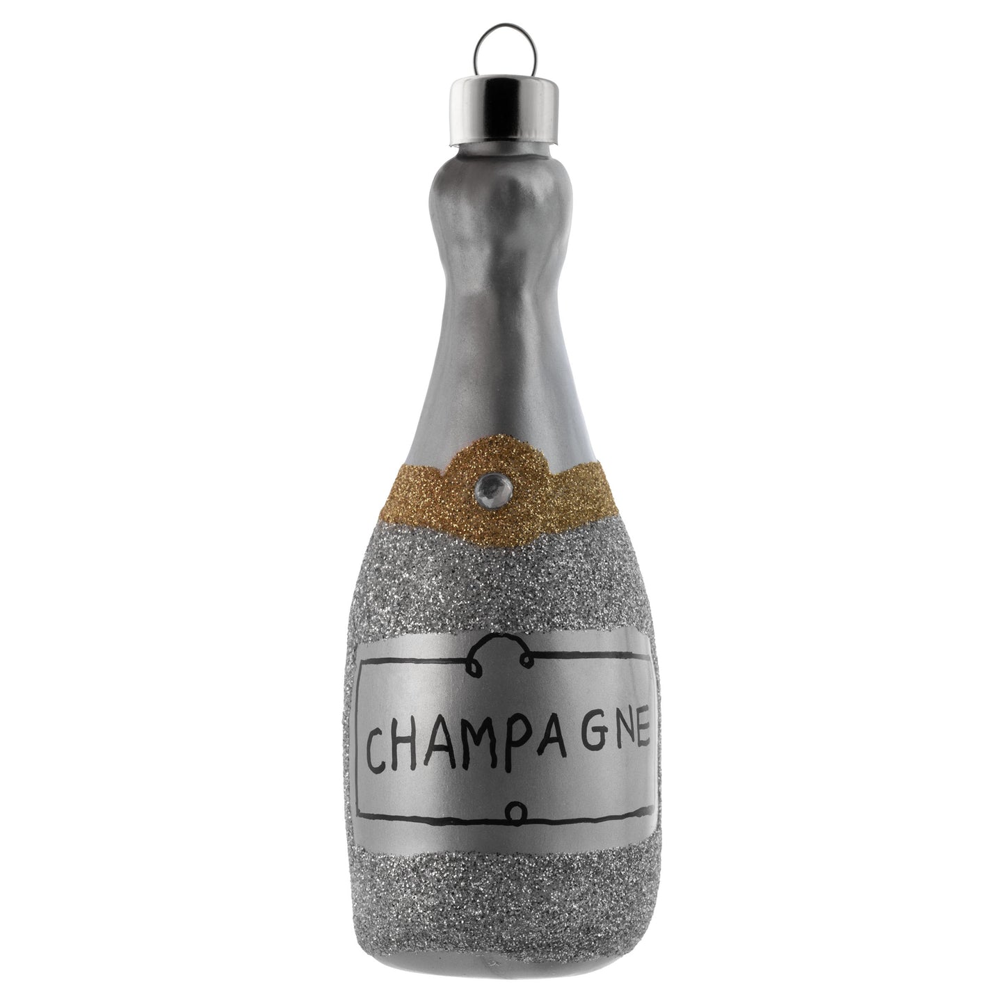 Silver Glitter Champagne Bottle Mercury Glass Ornament