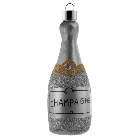 Silver Glitter Champagne Bottle Mercury Glass Ornament