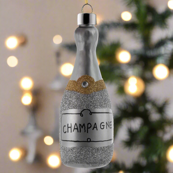 Glitter Champagne Bottle Mercury Glass Ornament