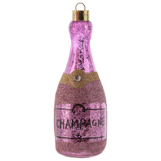 Pink Glitter Champagne Bottle Mercury Glass Ornament