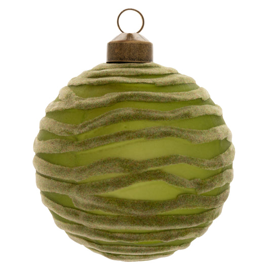 Green Flocked Squiggle Design Glass Ornament