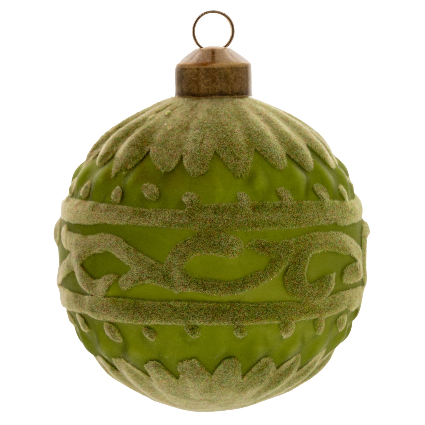 Green Flocked Scroll Design Glass Ornament