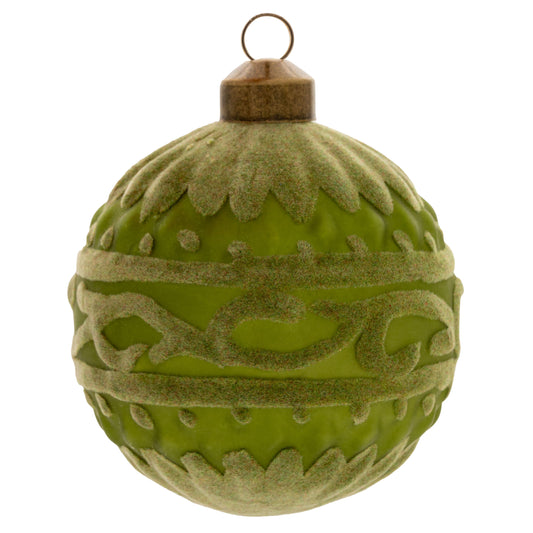 Green Flocked Scroll Design Glass Ornament