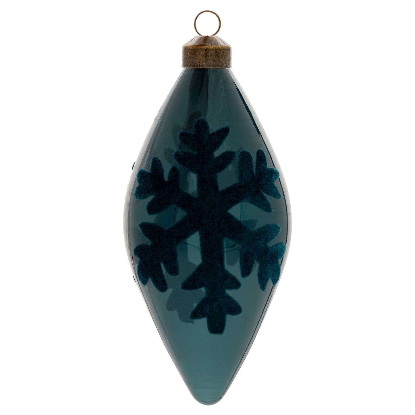 Navy Flocked Snowflake Teardrop Glass Ornament