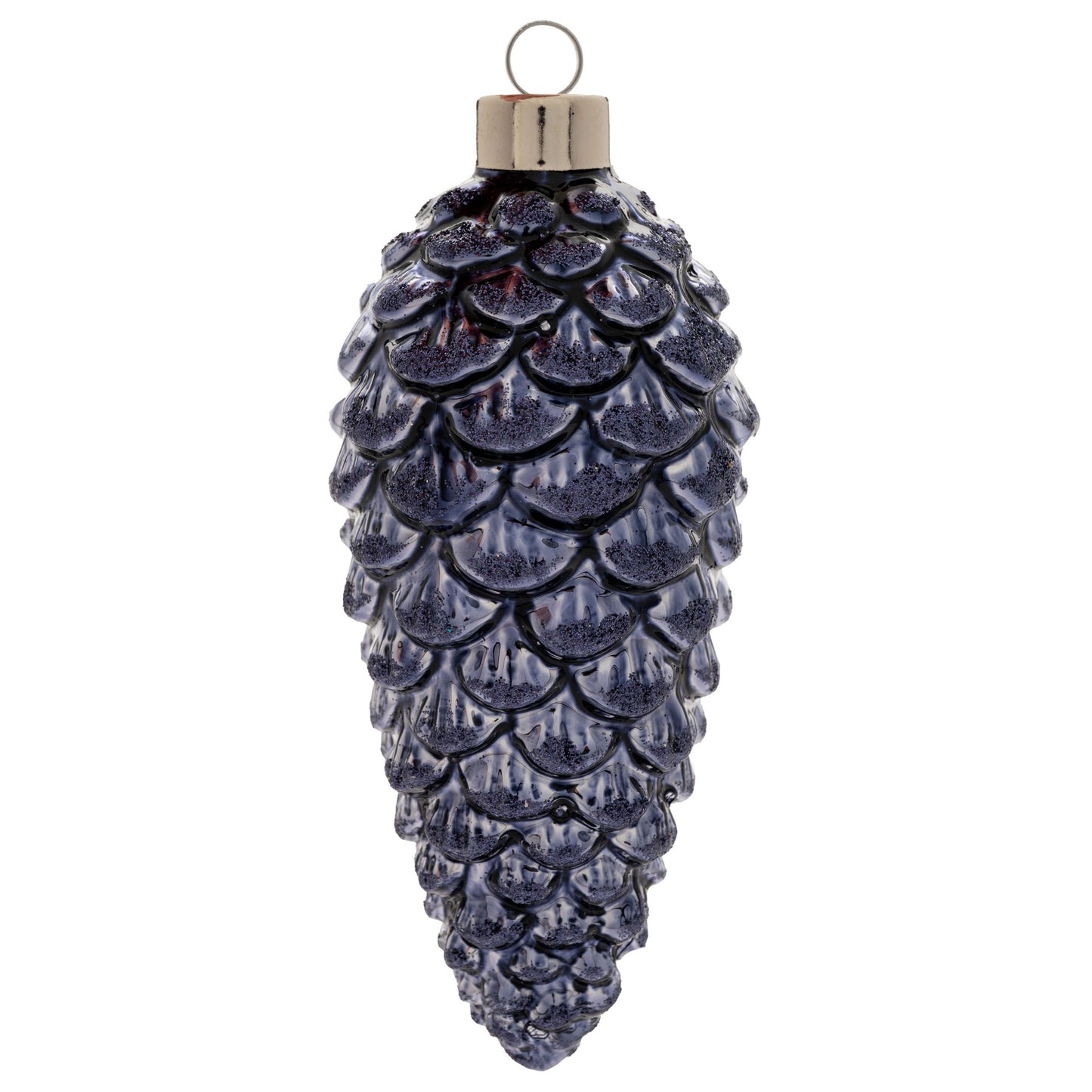 Navy Glitter Pinecone LG Glass Ornament